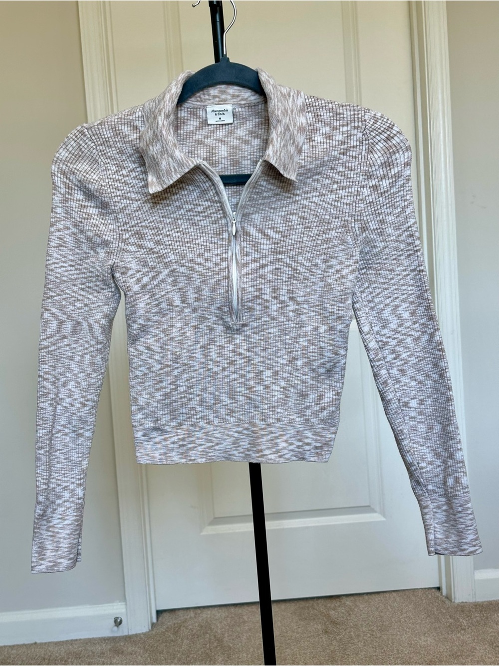 Abercrombie & Fitch Beige Heathered Half-Zip Polo Sweater